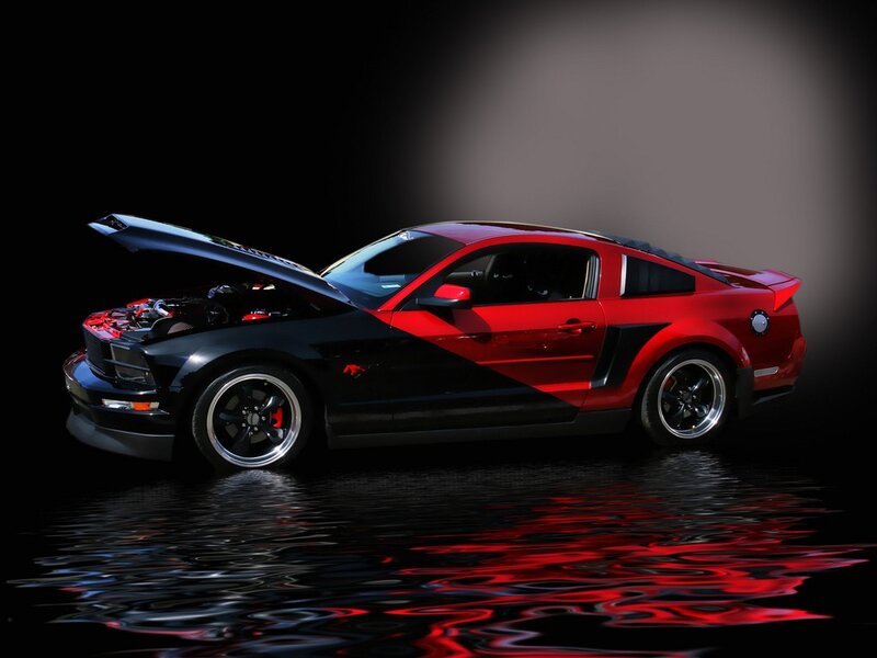 red and black mustang with open hood