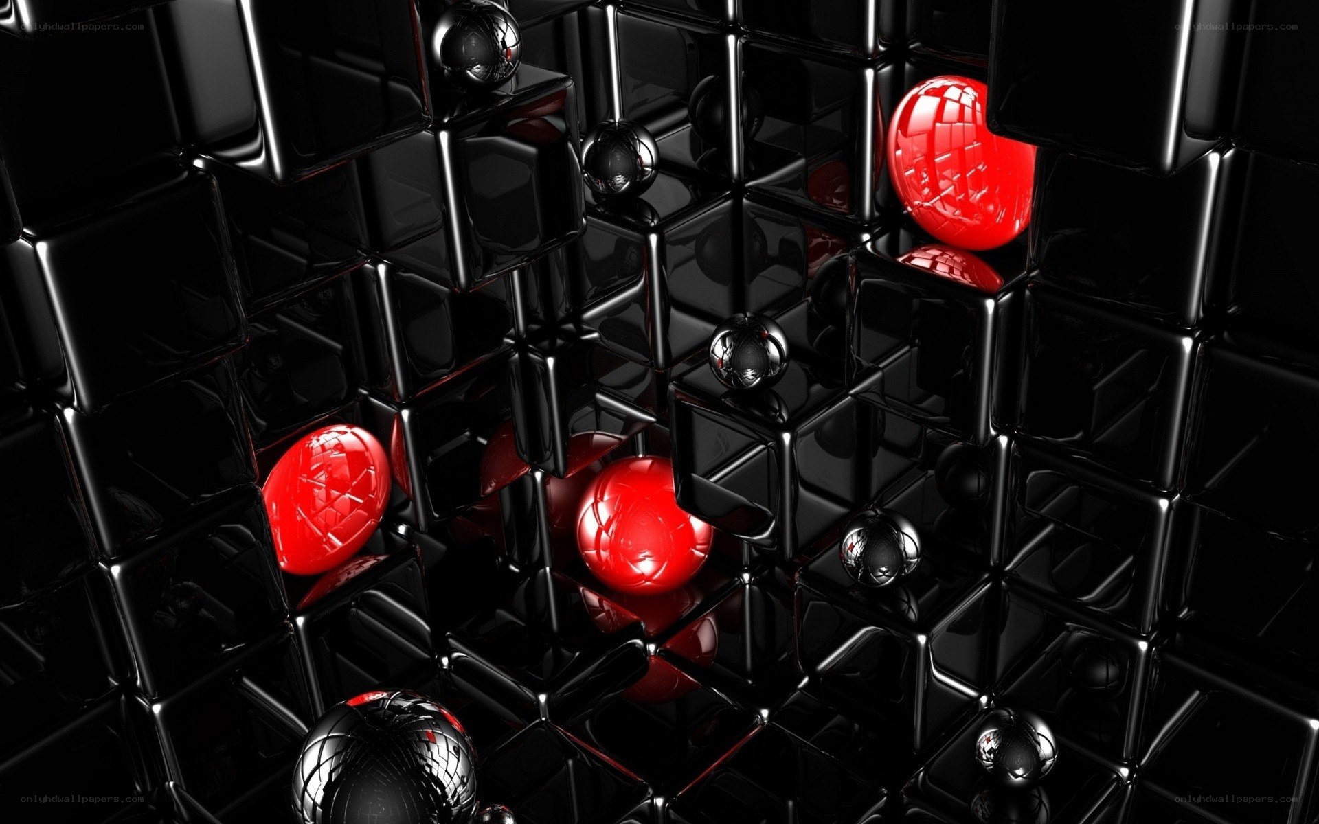 Red and black spheres in cubes