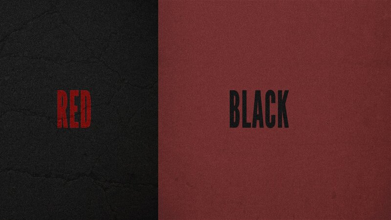 Red and black text on textured background