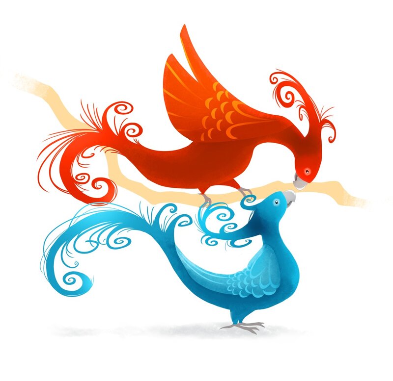 Red and blue birds on a branch