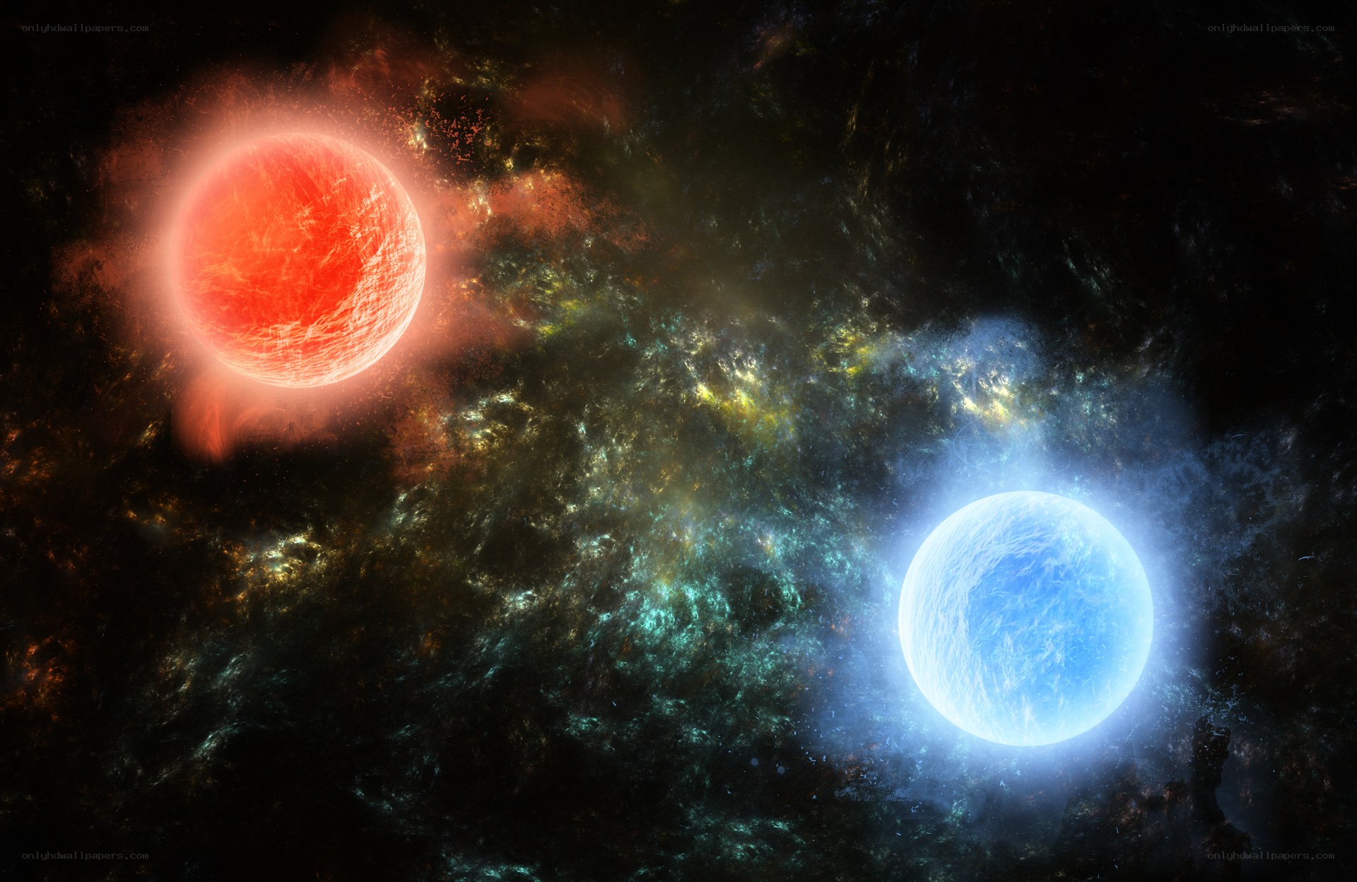 Red and blue celestial bodies