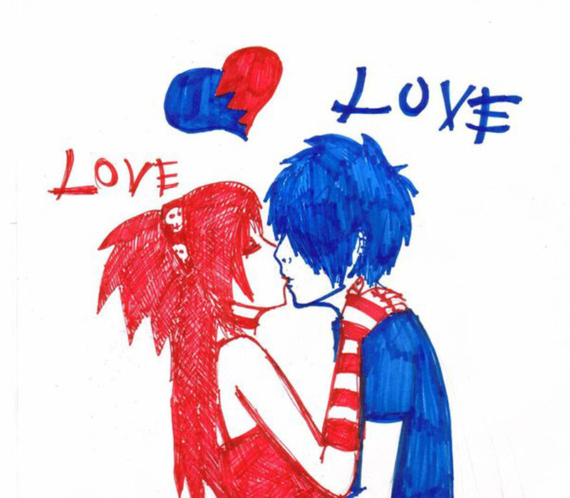 Red and Blue Characters Kissing