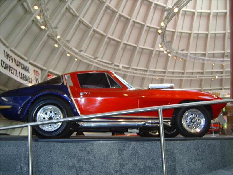 Red and blue Corvette on display
