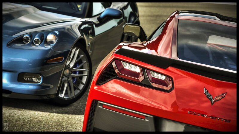 Red and blue Corvettes