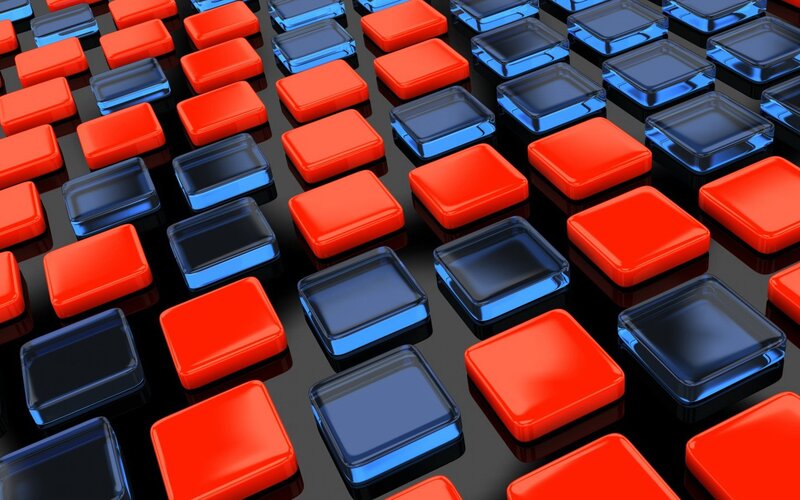 Red and Blue Cubes — Geometric, 3d Render, Reflection, Grid, Black