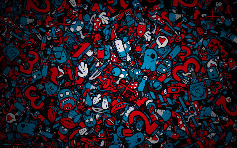 Red and blue doodle art collage