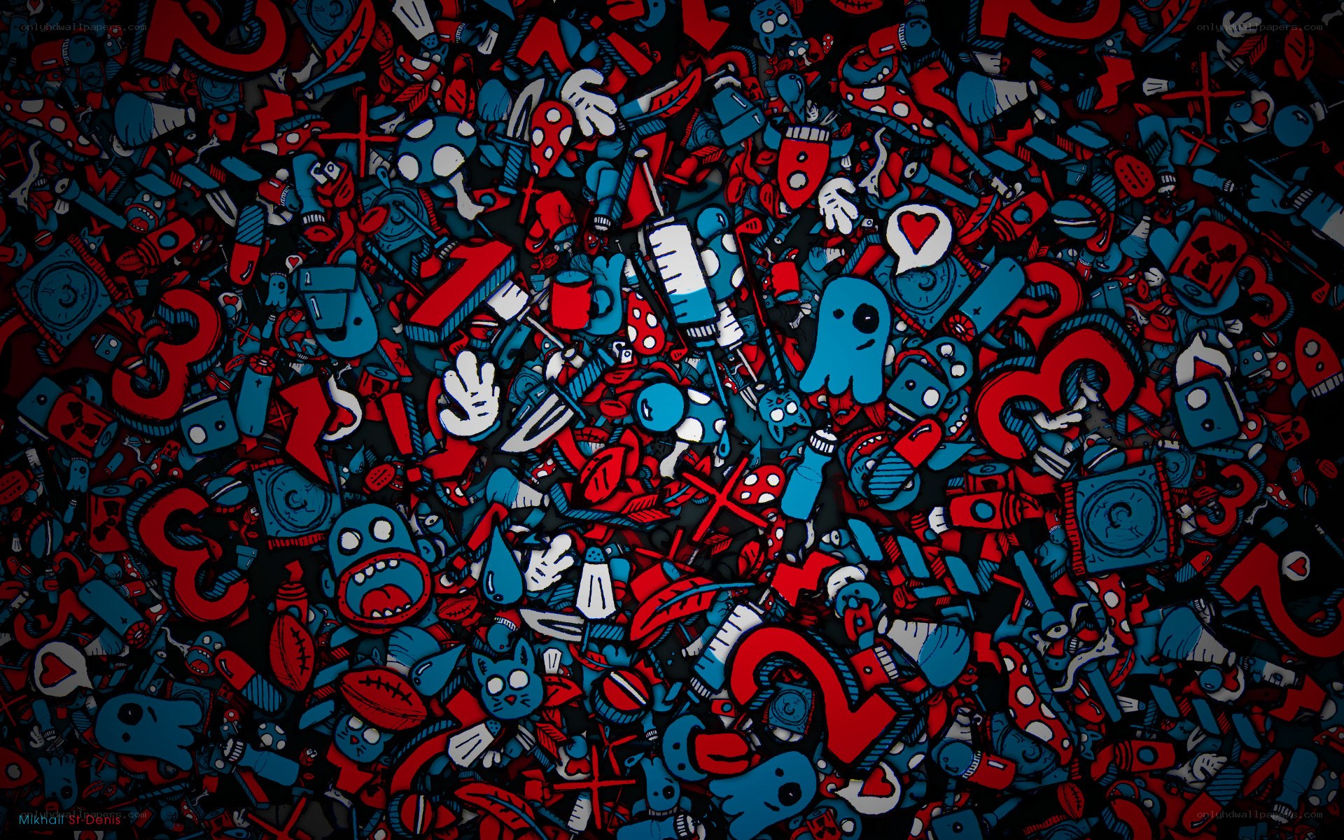 Red and blue doodle art collage