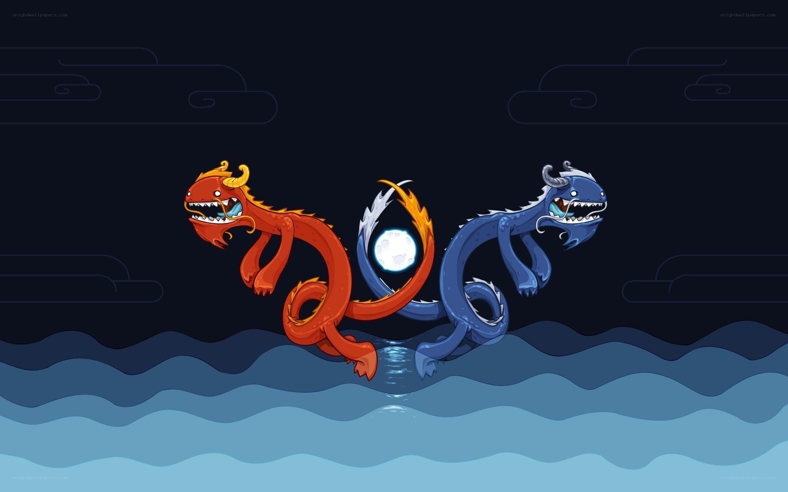 Red and blue dragons chasing moon