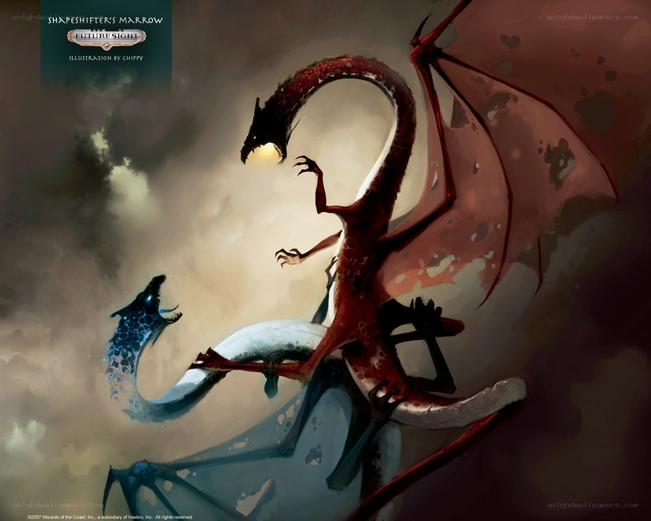 Red and blue dragons in combat