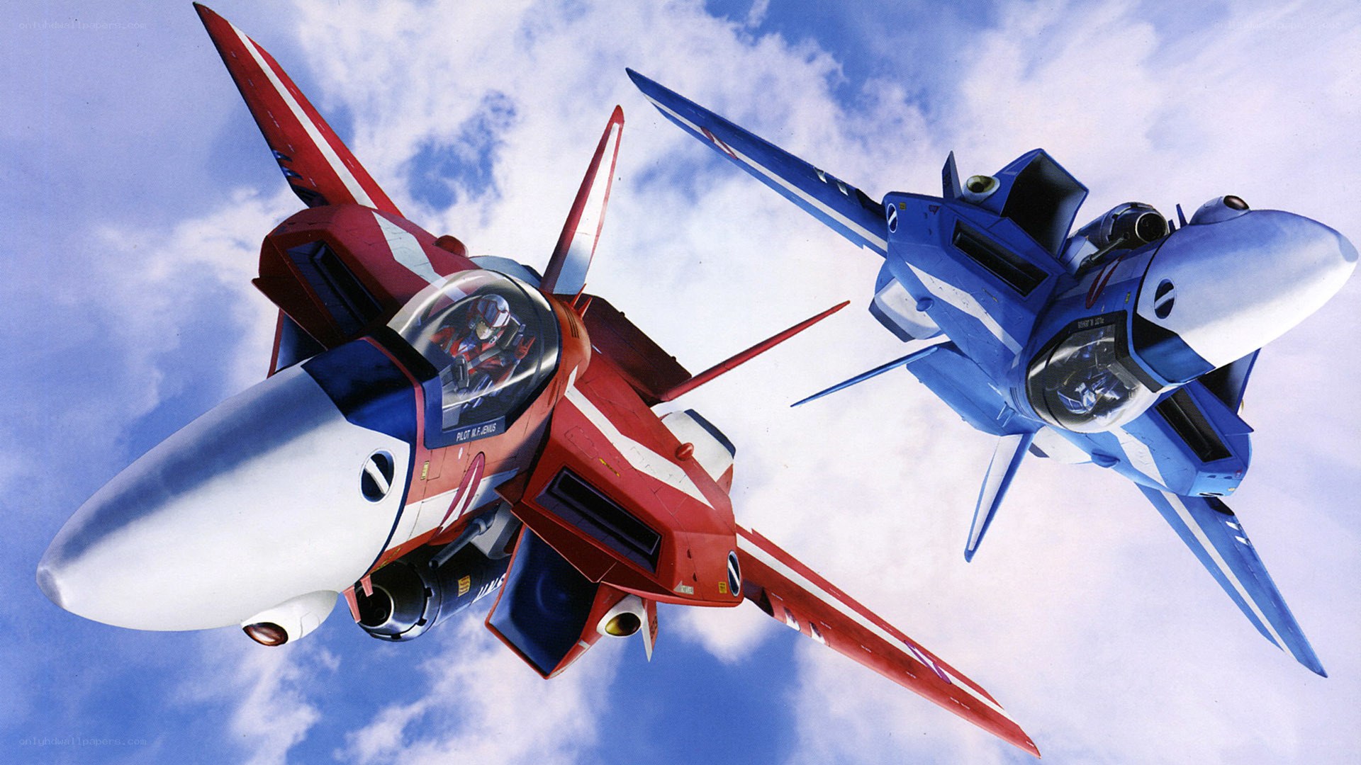 Red and blue fighter jets in flight