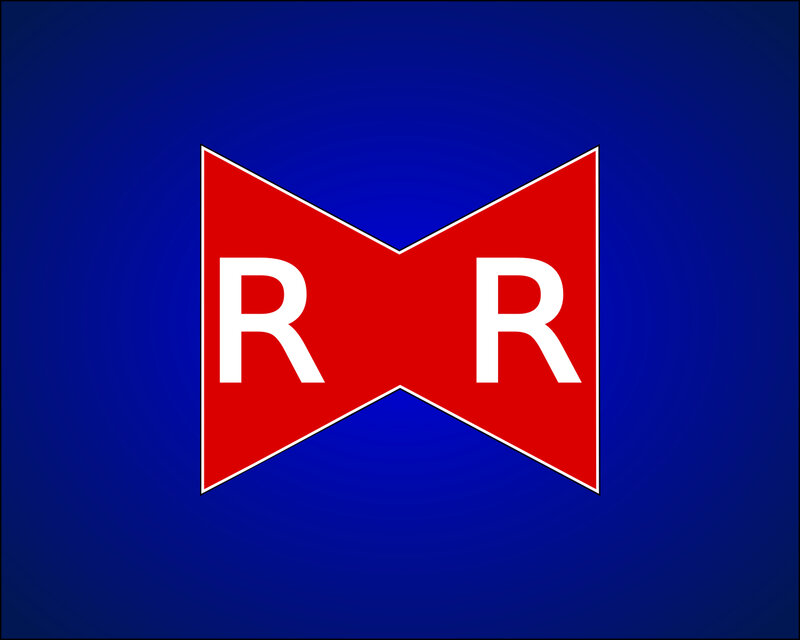 Red and blue flag with white R