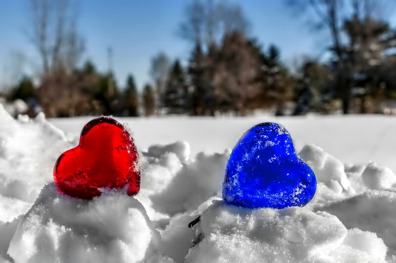 Red and Blue Hearts in Snow