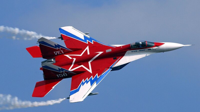 Red and Blue Jet Fighter — Dynamic, Afternoon