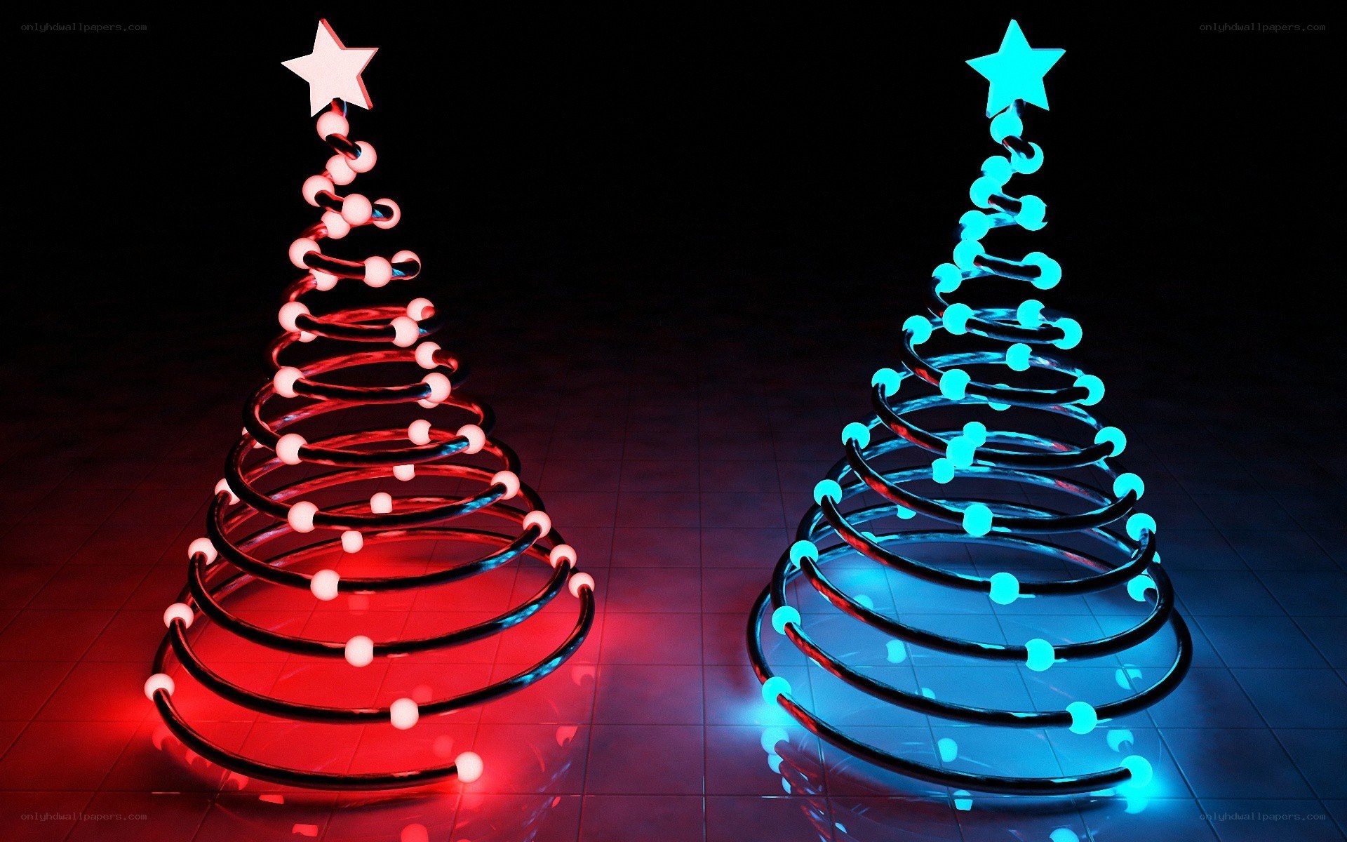 Red and blue neon Christmas trees