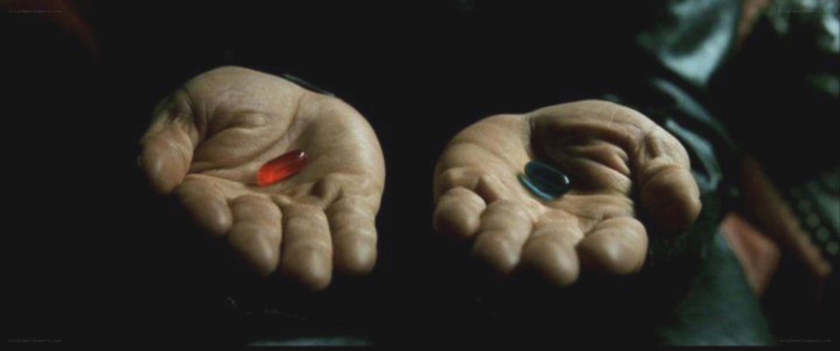 red and blue pills in hands