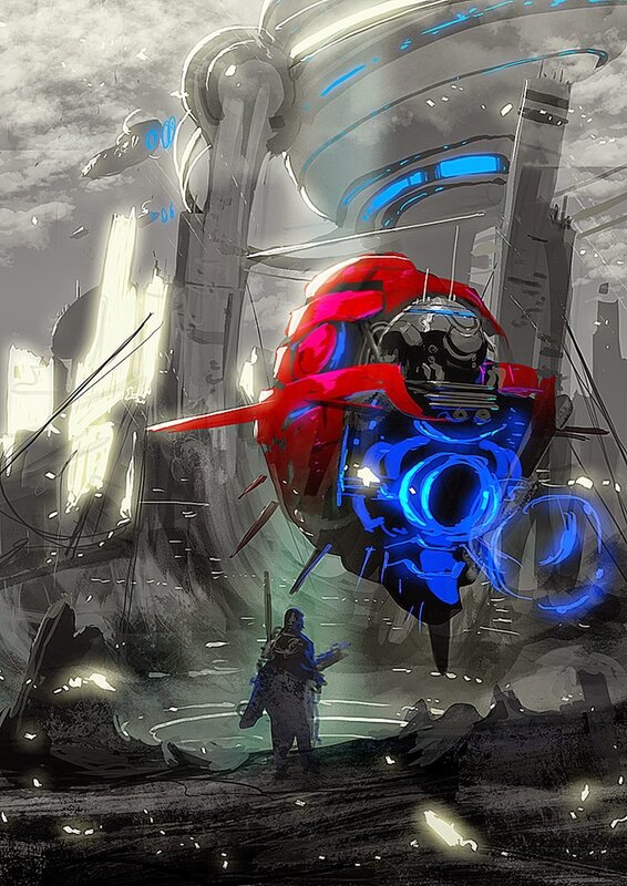 Red and Blue Robot — Dramatic, Digital Art