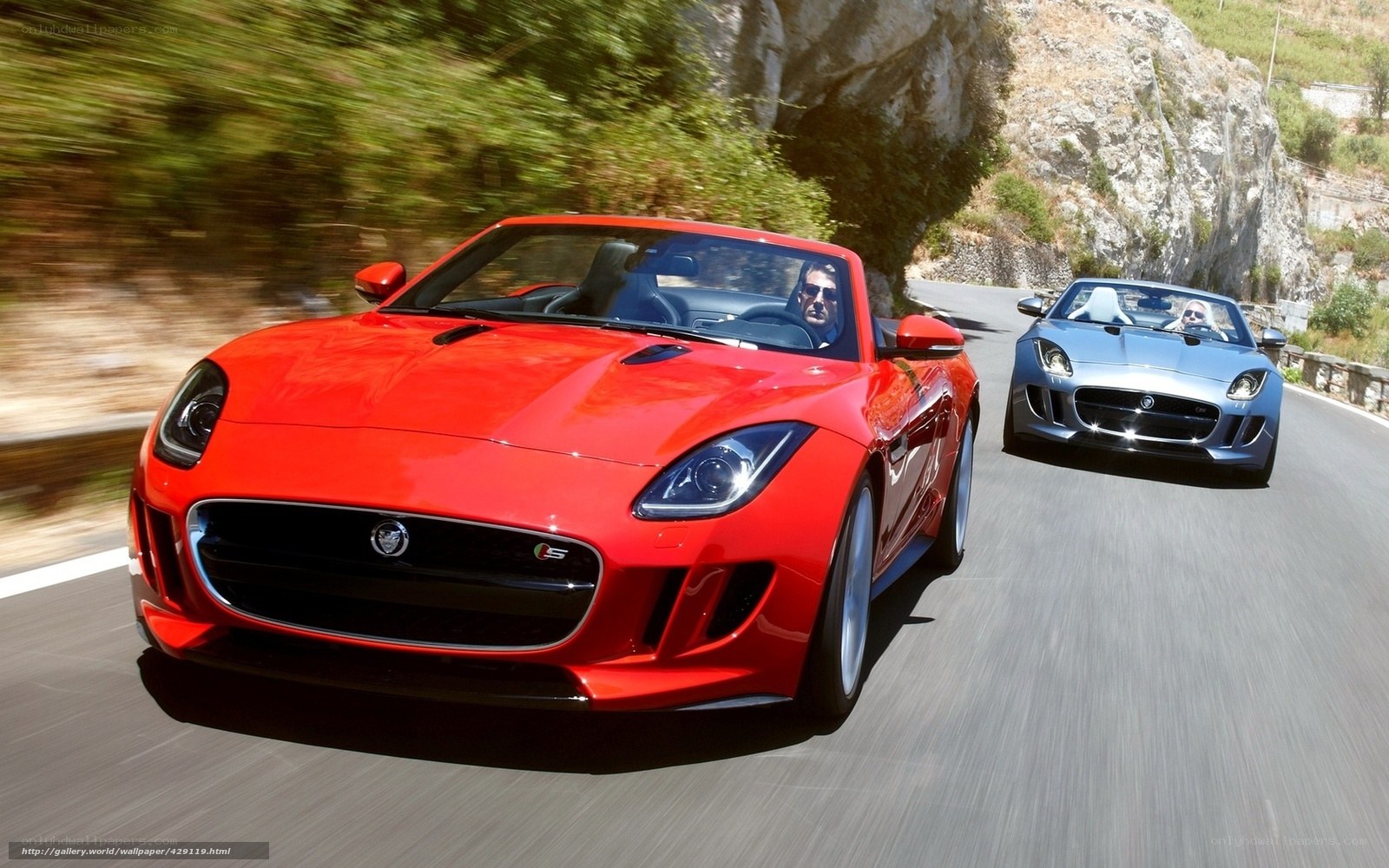 Red and blue sports cars on road