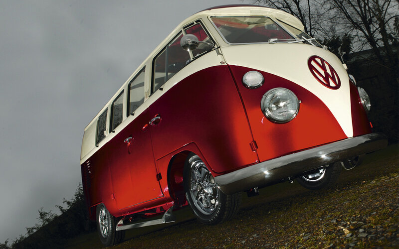 Red and cream VW bus