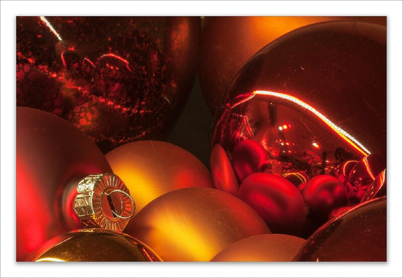 Red and Gold Ornaments — Dramatic, Photograph, Reflection