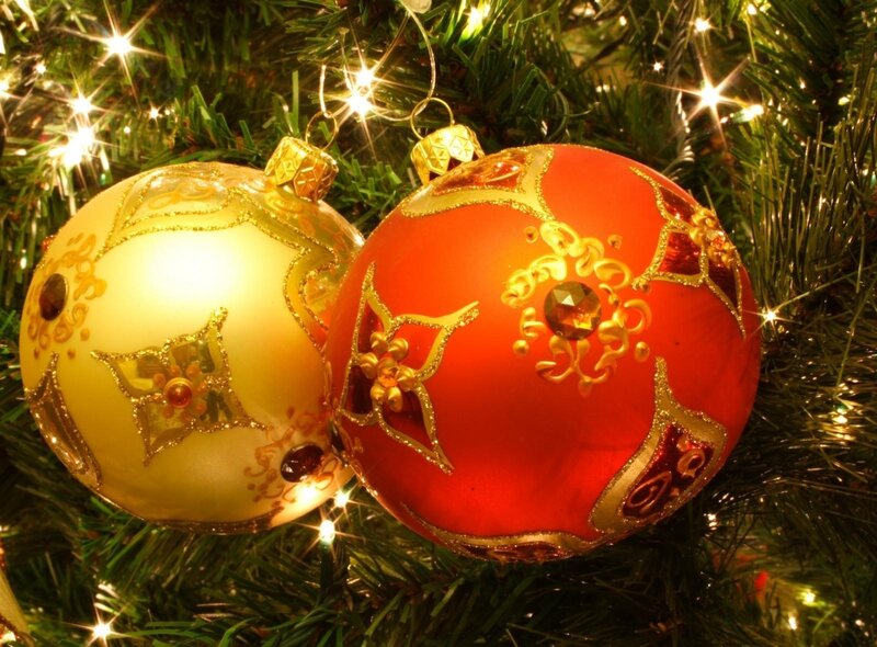 Red and Gold Ornaments — Festive, Night, Photograph, Christmas Tree