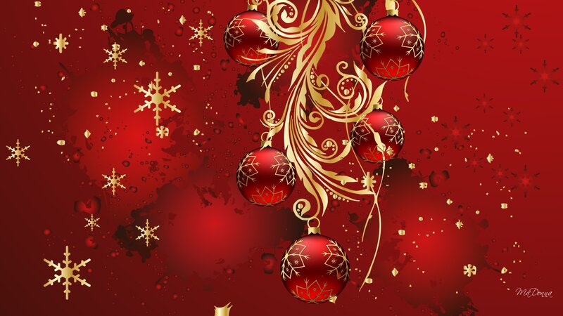 Red and Gold Ornaments — Festive, Winter, Digital Art