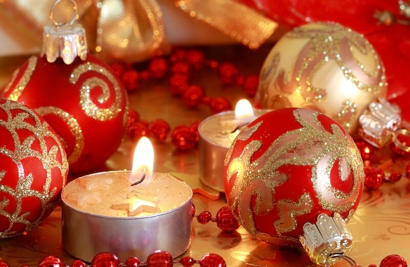 Red and Gold Ornaments — Festive, Winter, Photograph, Candles
