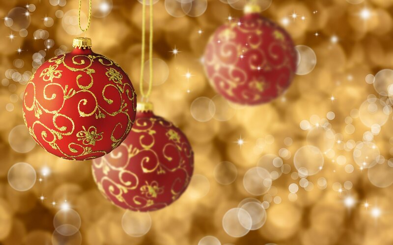 Red and Gold Ornaments — Festive, Winter, Photograph, Gold Background, Sparkles