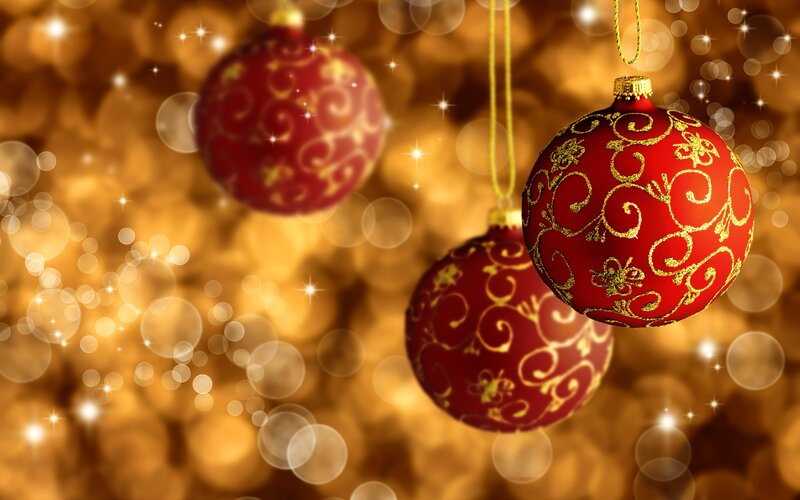 Red and Gold Ornaments — Festive, Winter, Photograph, Gold Background