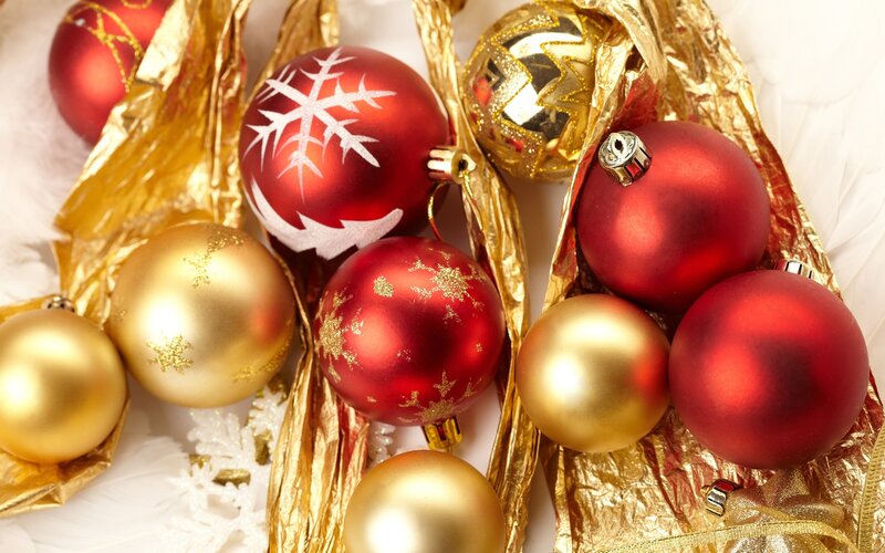 Red and Gold Ornaments — Festive, Winter, Photograph, Gold Foil