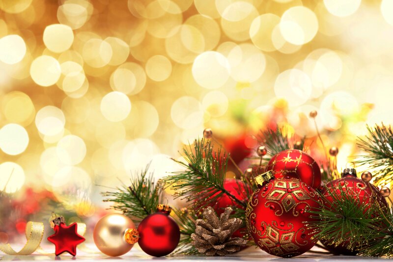 Red and Gold Ornaments — Festive, Winter, Photograph, Pine Branches, Pinecone, Bokeh