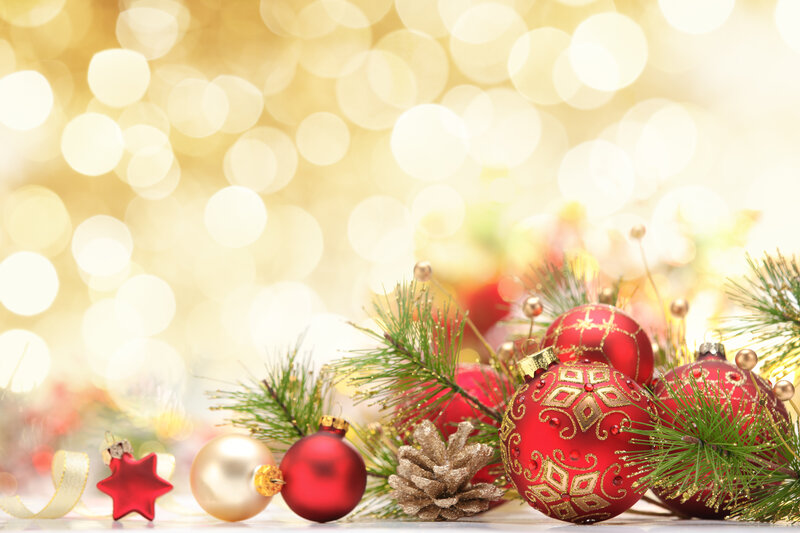 Red and Gold Ornaments — Festive, Winter, Photograph, Pine Branches, Pinecone
