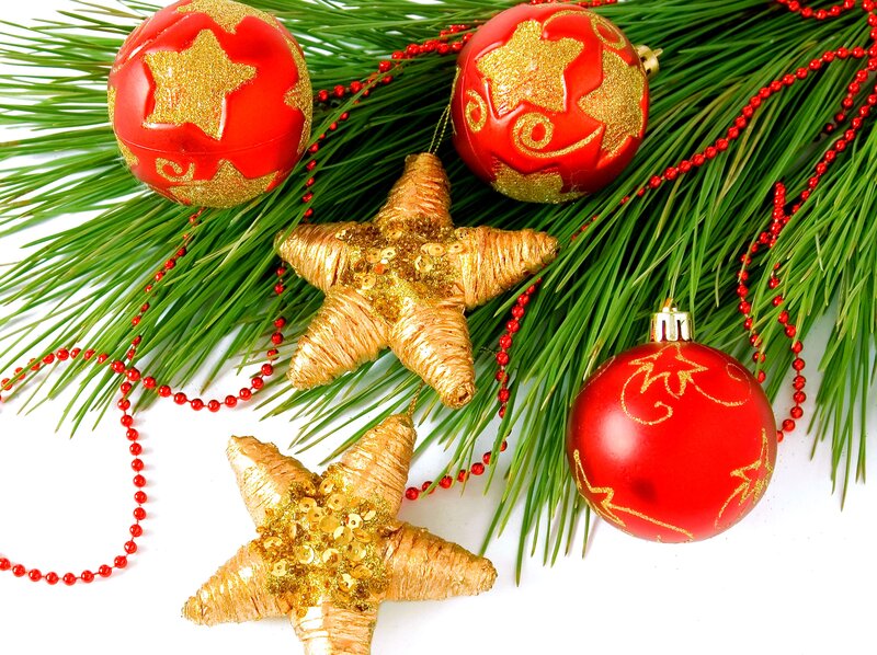 Red and Gold Ornaments — Festive, Winter, Photograph, Pine Needles, Beads