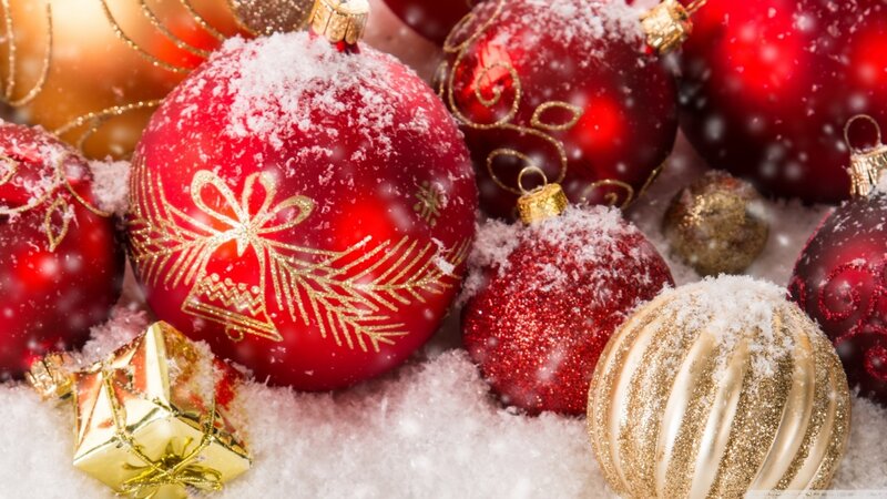 Red and Gold Ornaments — Festive, Winter, Photograph, Snow, Gift Box, Gold Foil