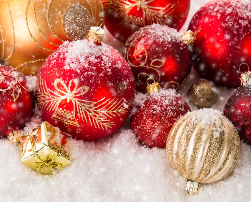 Red and Gold Ornaments — Festive, Winter, Photograph, Snow, Gift Box