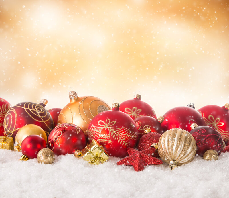 Red and Gold Ornaments — Festive, Winter, Photograph, Snow