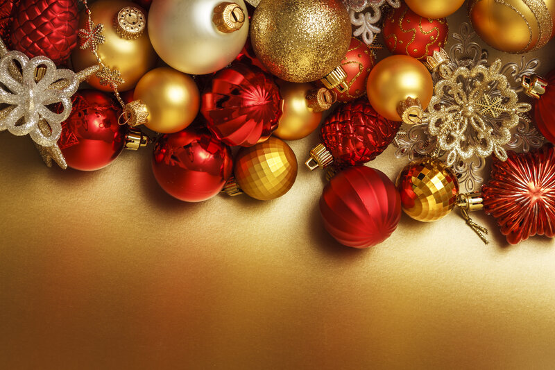 Red and Gold Ornaments — Festive, Winter, Photograph, Snowflakes, Balls