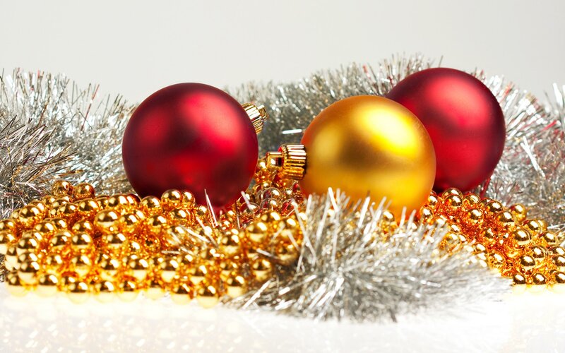 Red and Gold Ornaments — Festive, Winter, Photograph, Tinsel, Beads