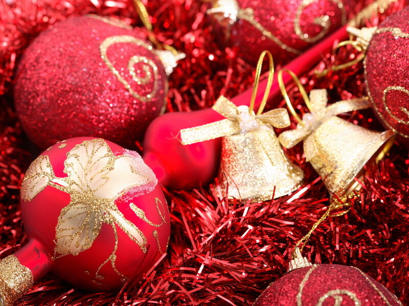 Red and Gold Ornaments — Festive, Winter, Photograph, Tinsel