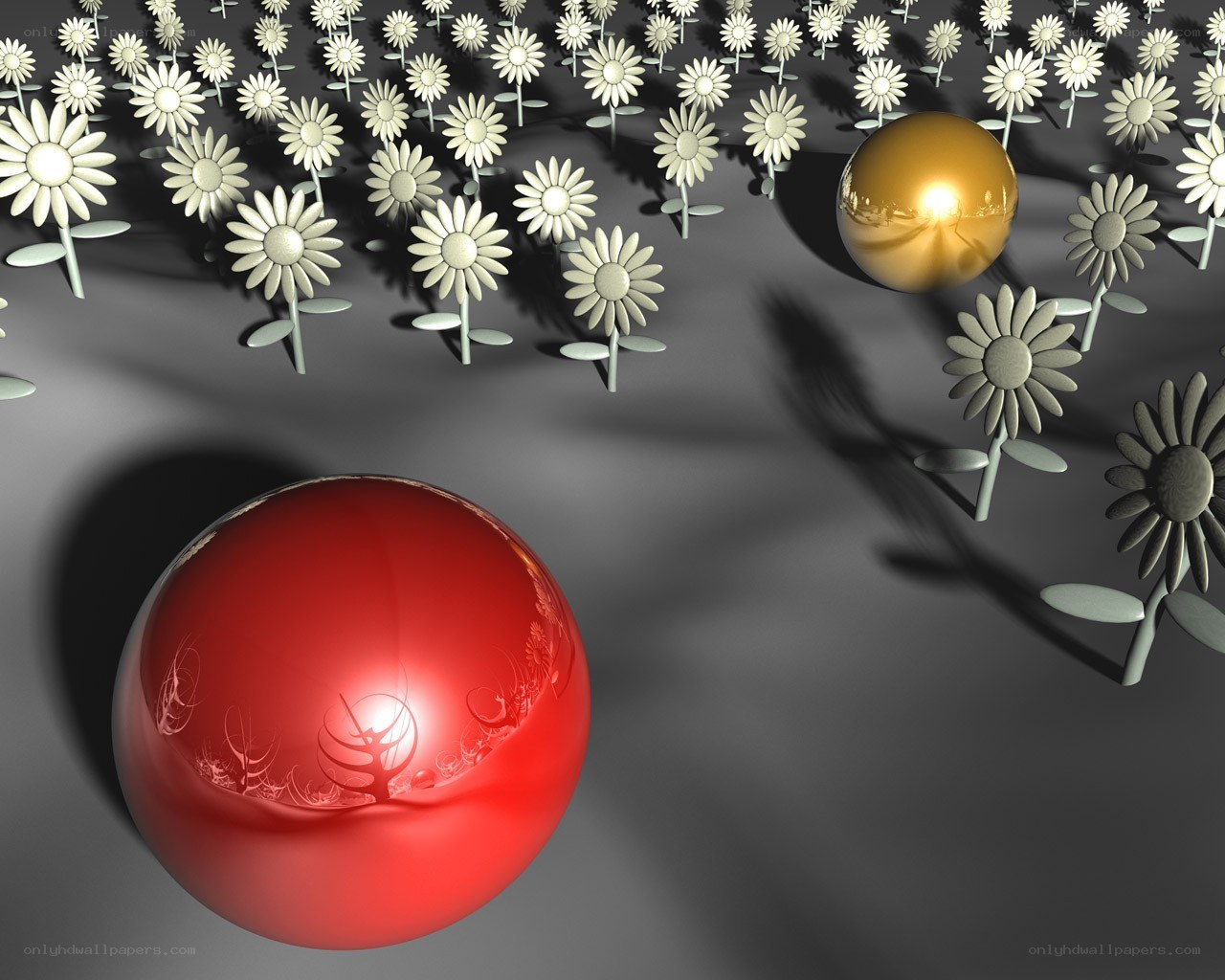 Red and gold spheres among flowers