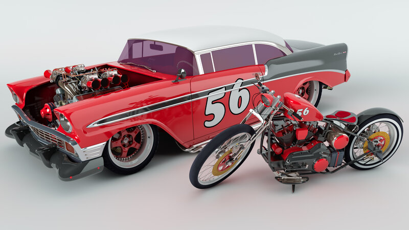 Red and Gray Car with Motorcycle
