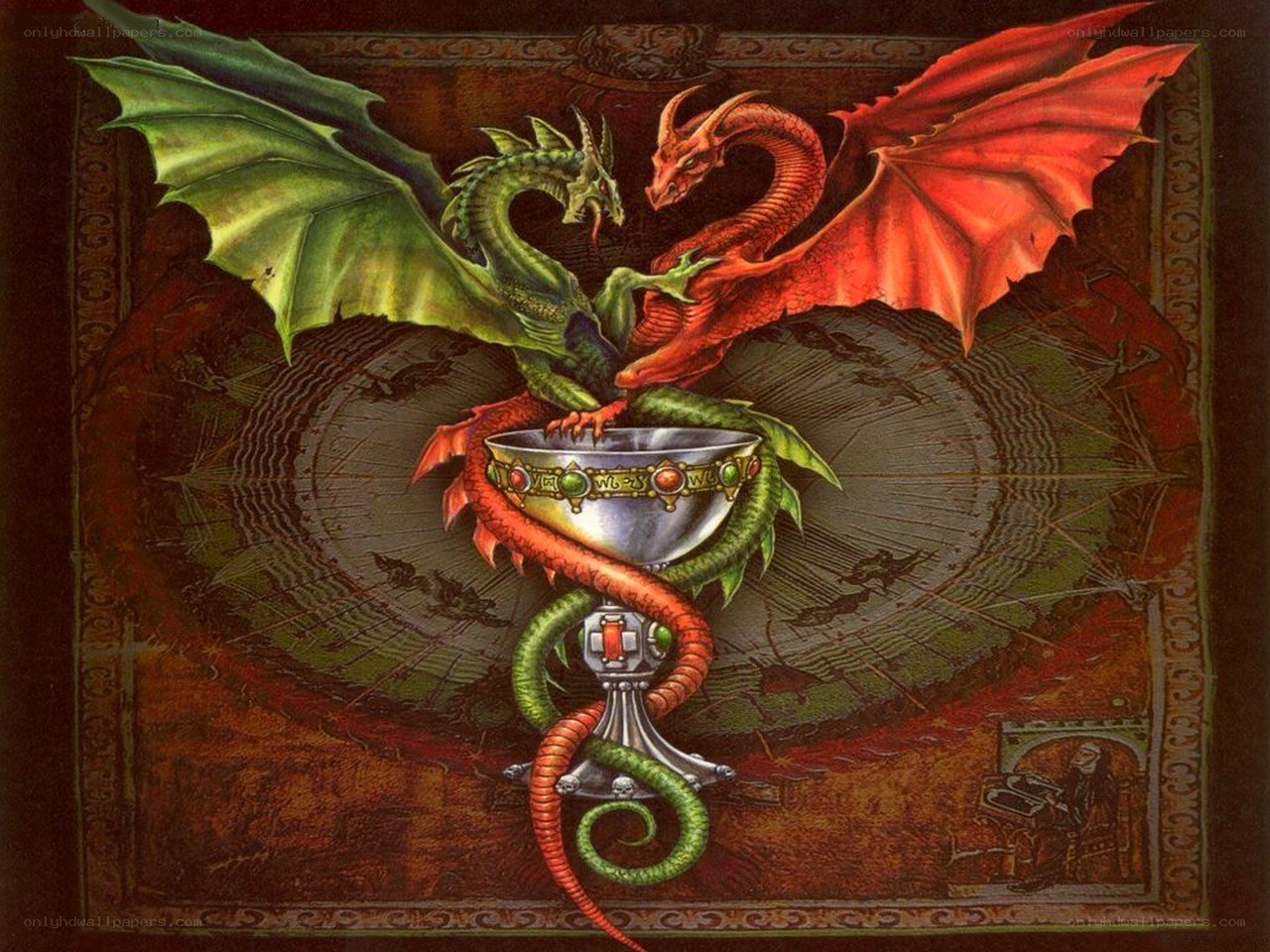 Red and Green Dragons with Chalice