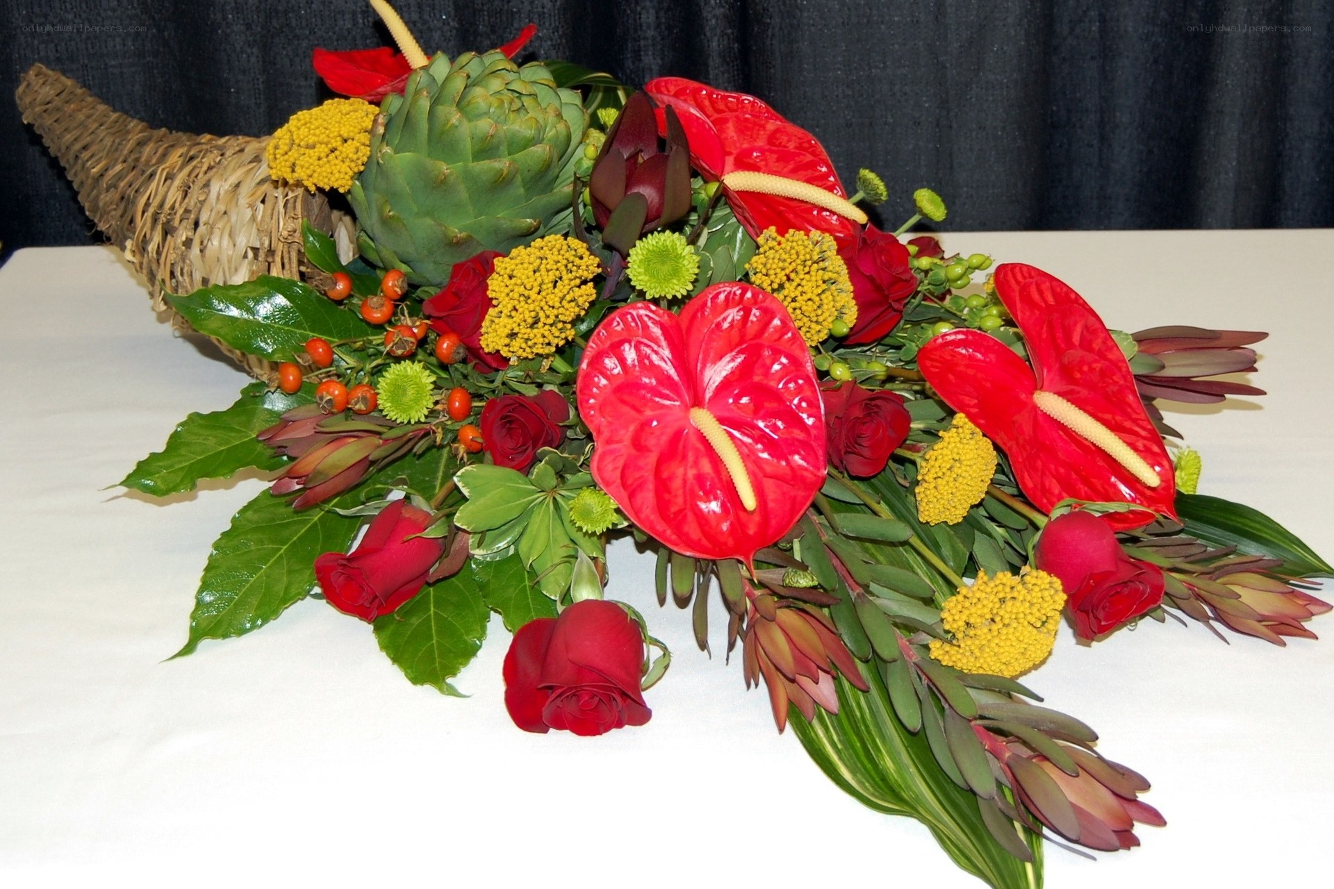 Red and green floral arrangement