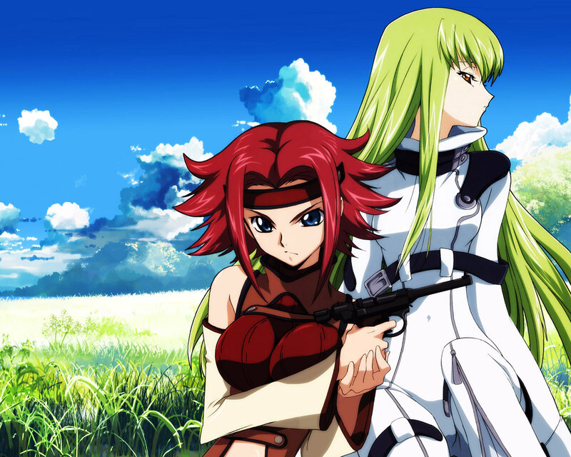 Red and green haired girls in field