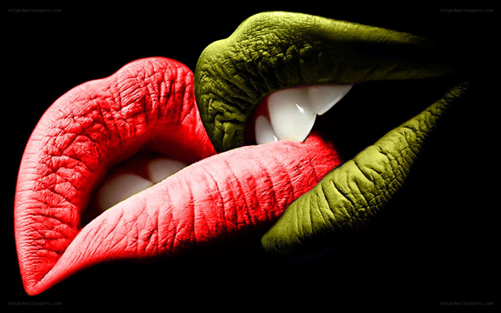 red and green lips with fangs