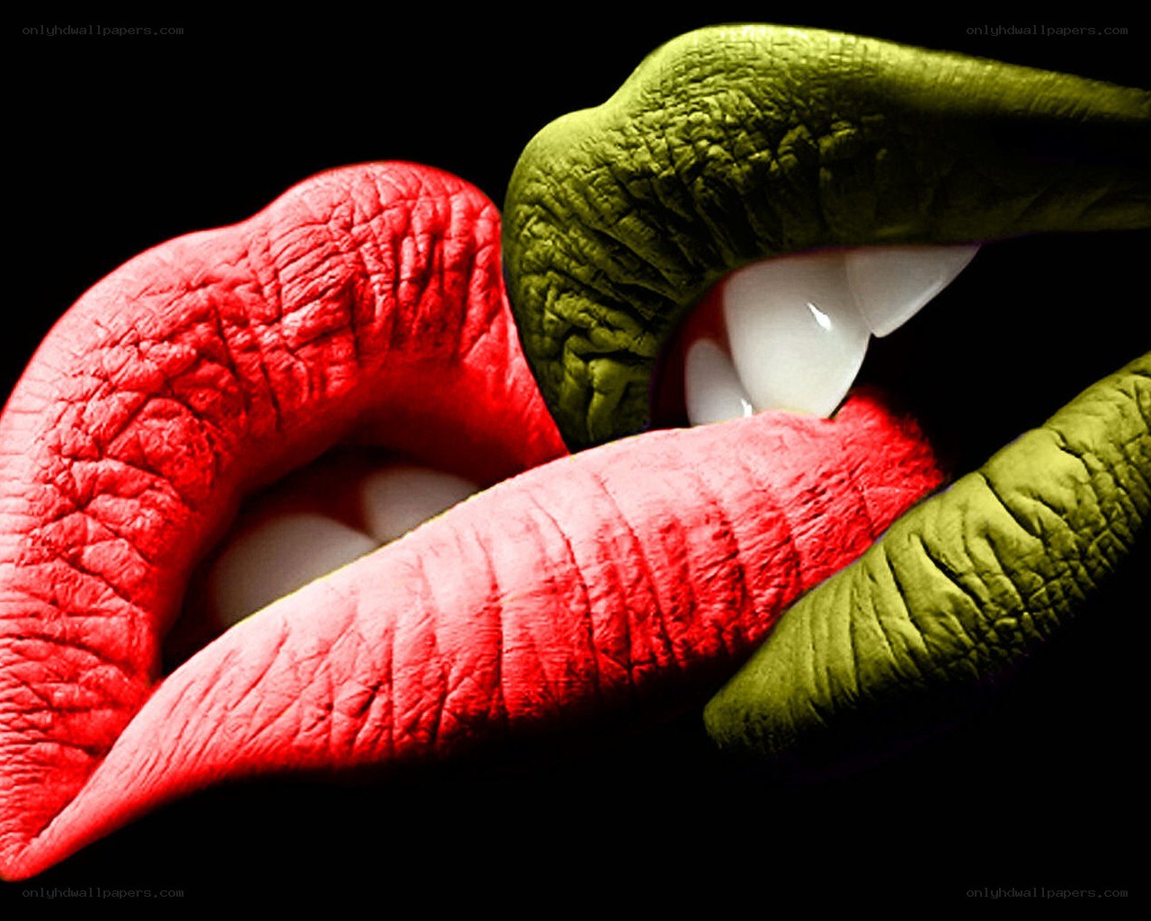 Red and green lips with fangs