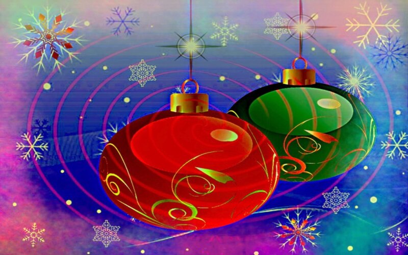 Red and Green Ornaments — Festive, Winter, Digital Art