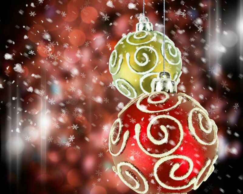 Red and Green Ornaments — Festive, Winter, Photograph, Snowflakes