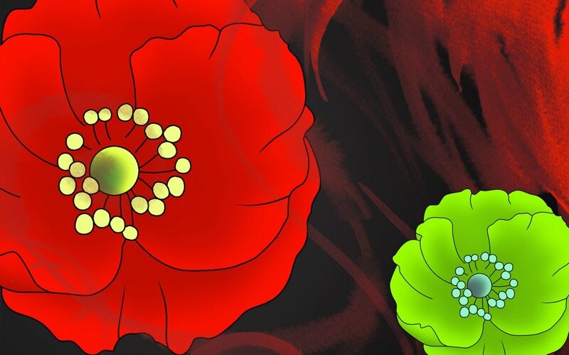 Red and green poppy flowers