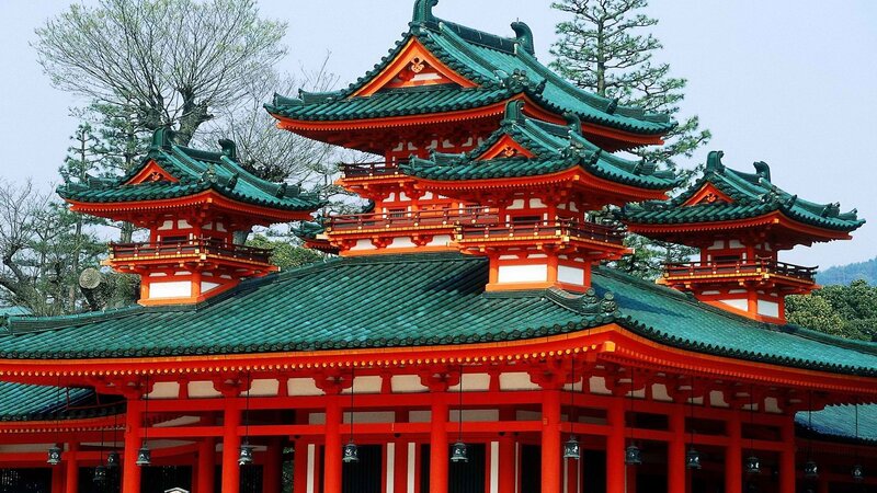 Red and green temple structure