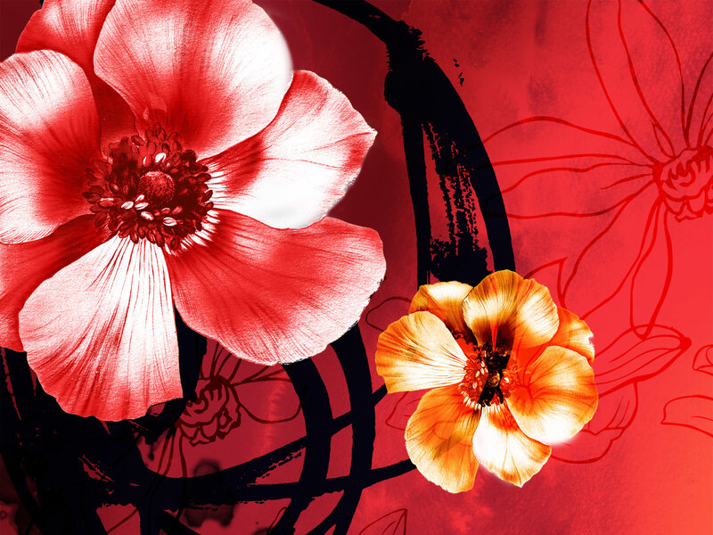 Red and orange floral art